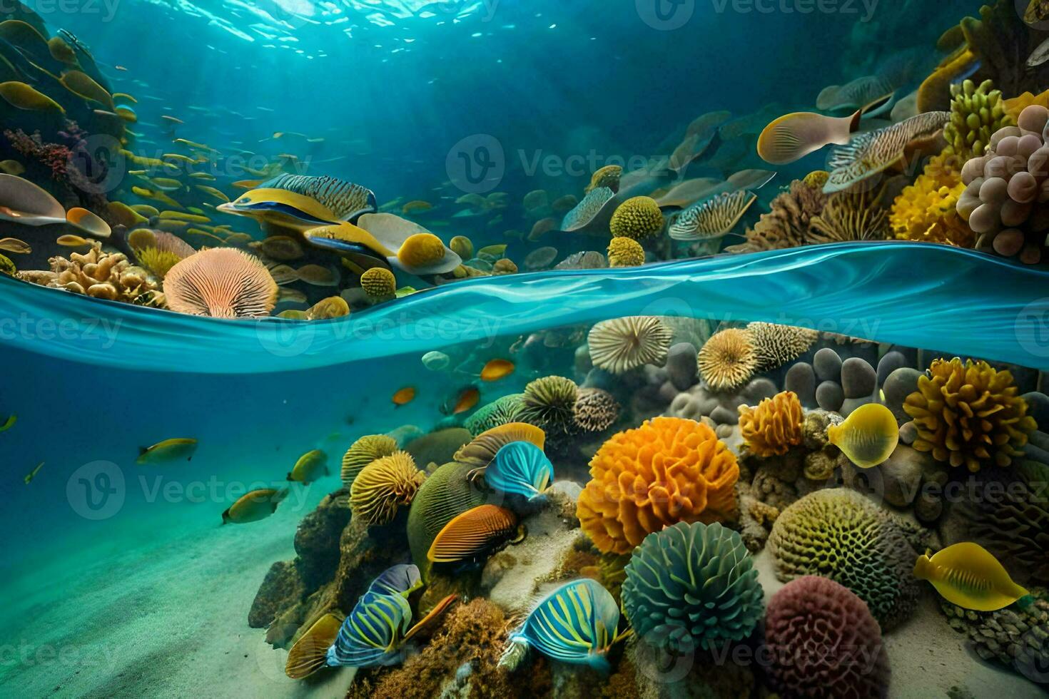 een koraal rif met veel verschillend types van vis. ai-gegenereerd foto