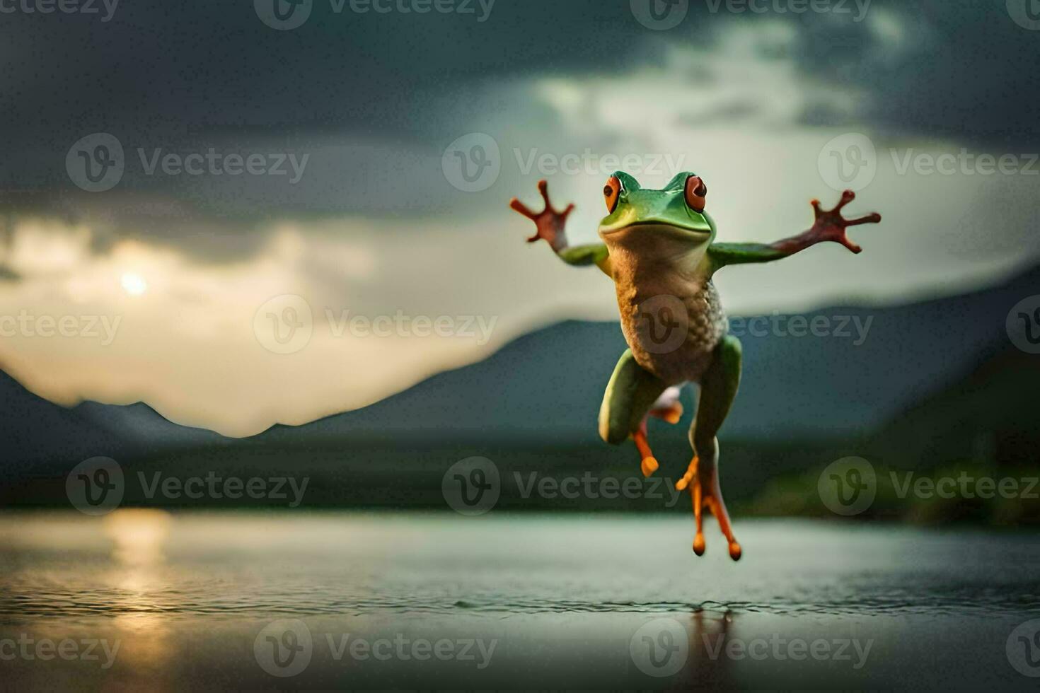 een kikker jumping in de lucht met haar armen uitgestrekt. ai-gegenereerd foto