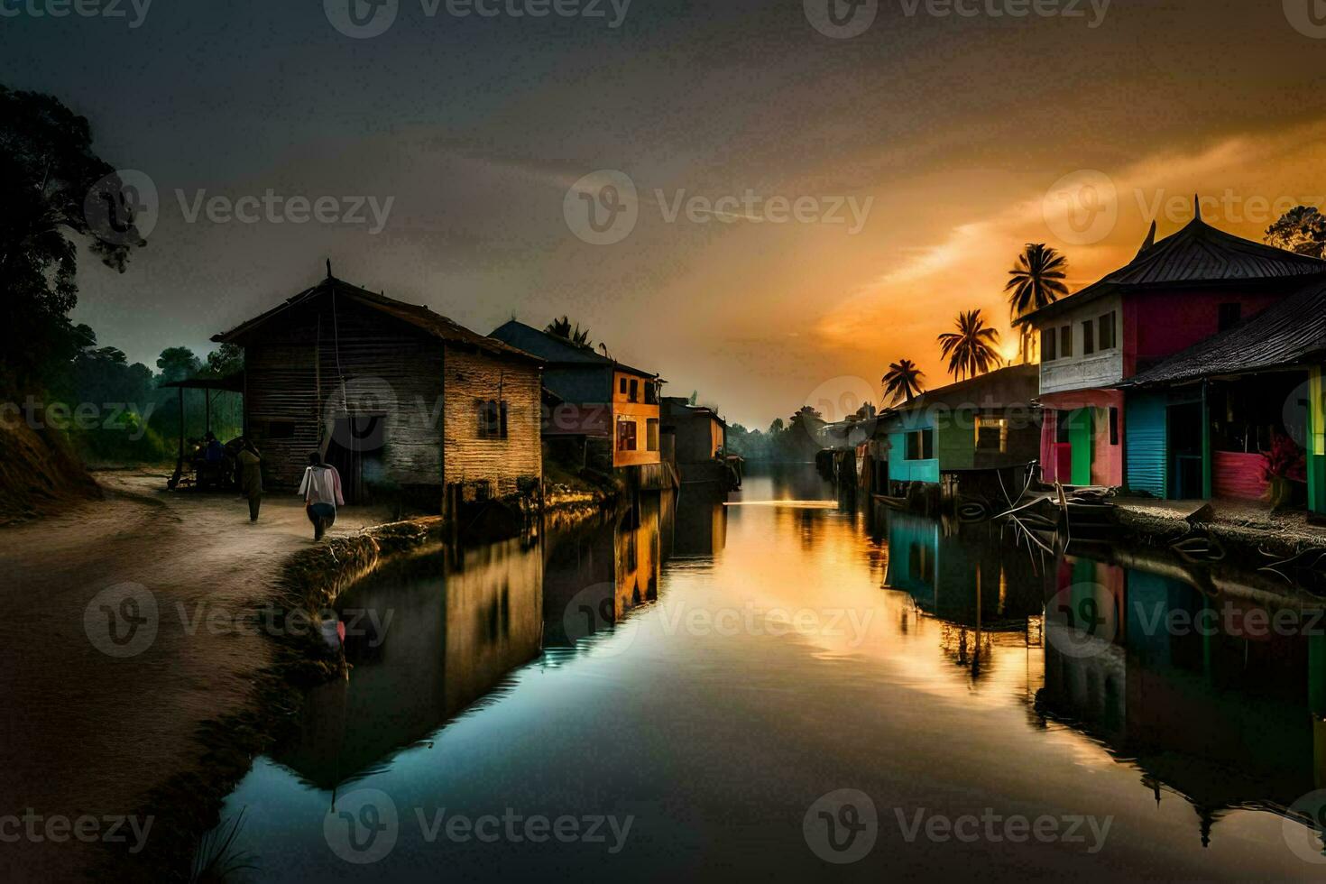 een kanaal in de midden- van een dorp Bij zonsondergang. ai-gegenereerd foto