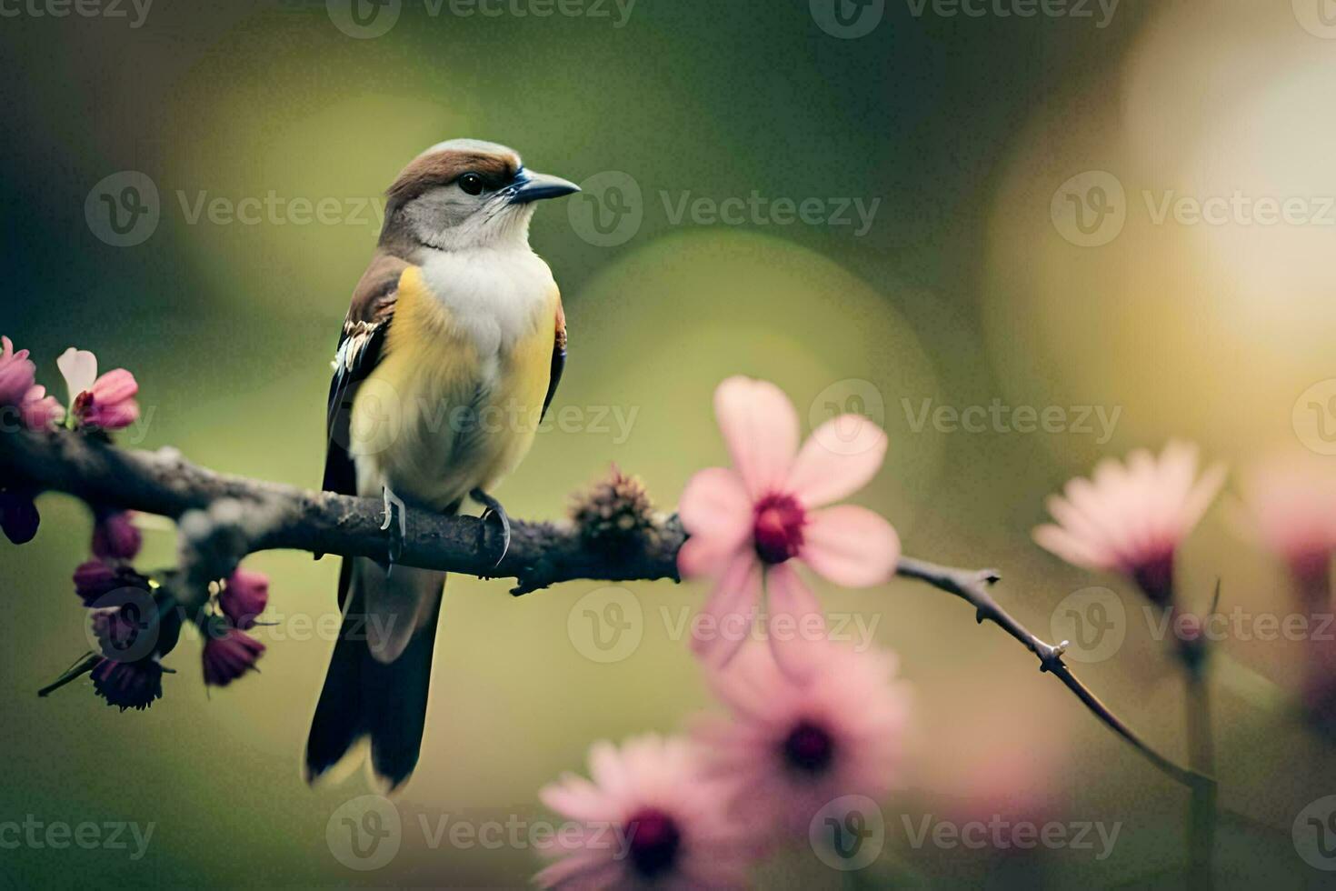 een vogel zit Aan een Afdeling met roze bloemen. ai-gegenereerd foto