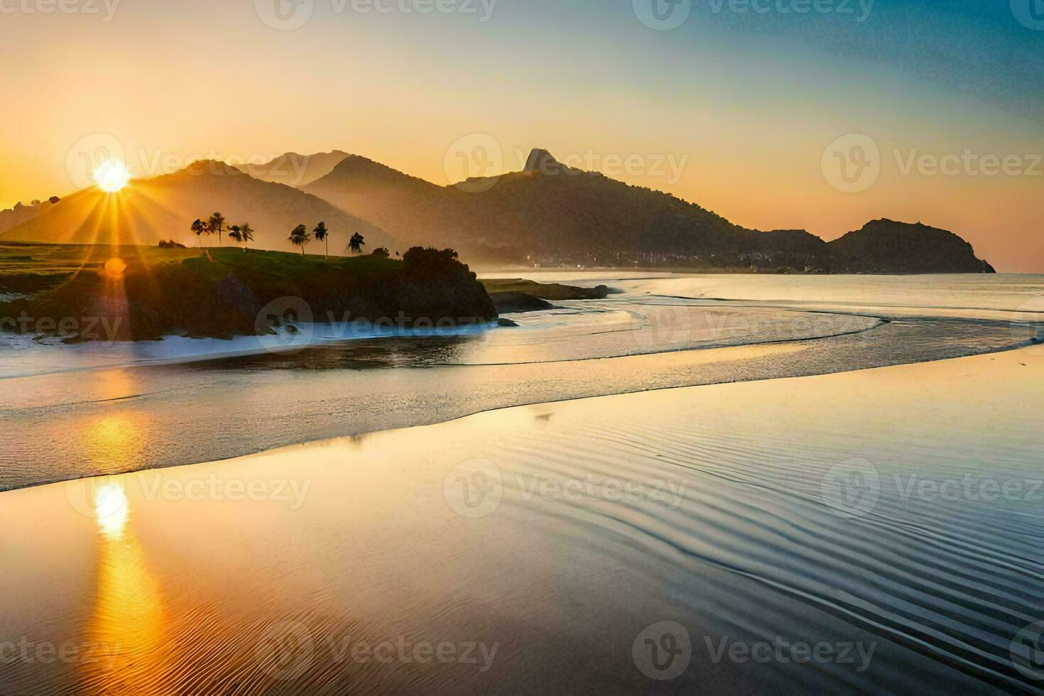 de zon is instelling over- een strand en bergen. ai-gegenereerd foto