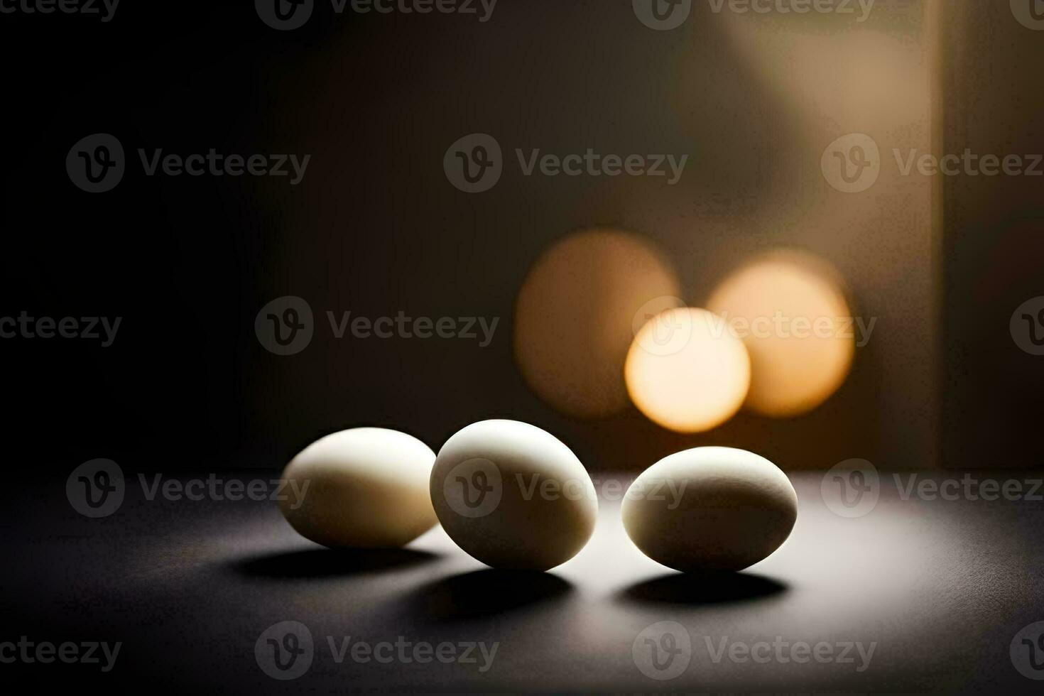 drie eieren Aan een tafel in voorkant van een licht. ai-gegenereerd foto