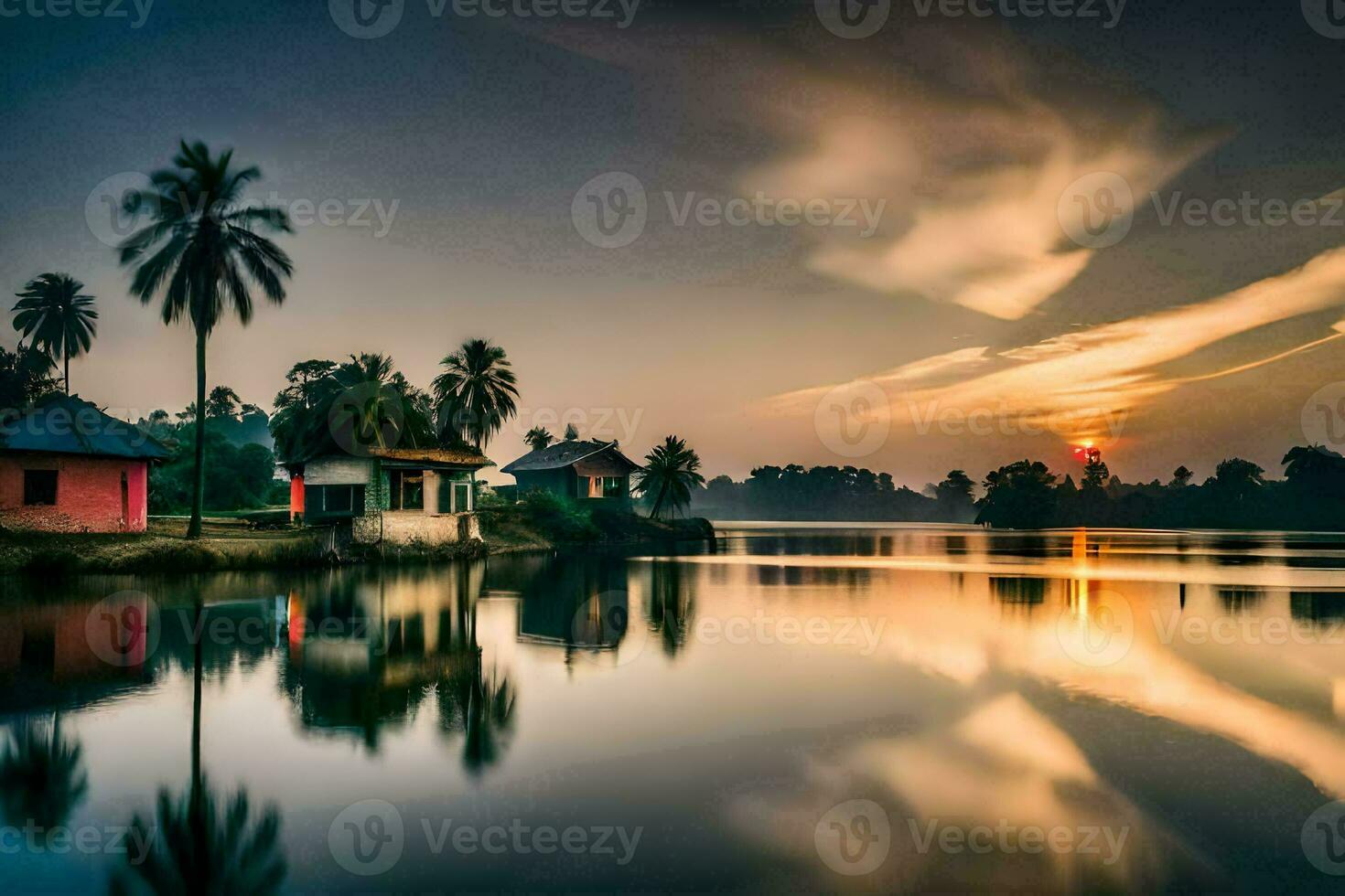 een mooi zonsondergang over- een meer met palm bomen. ai-gegenereerd foto