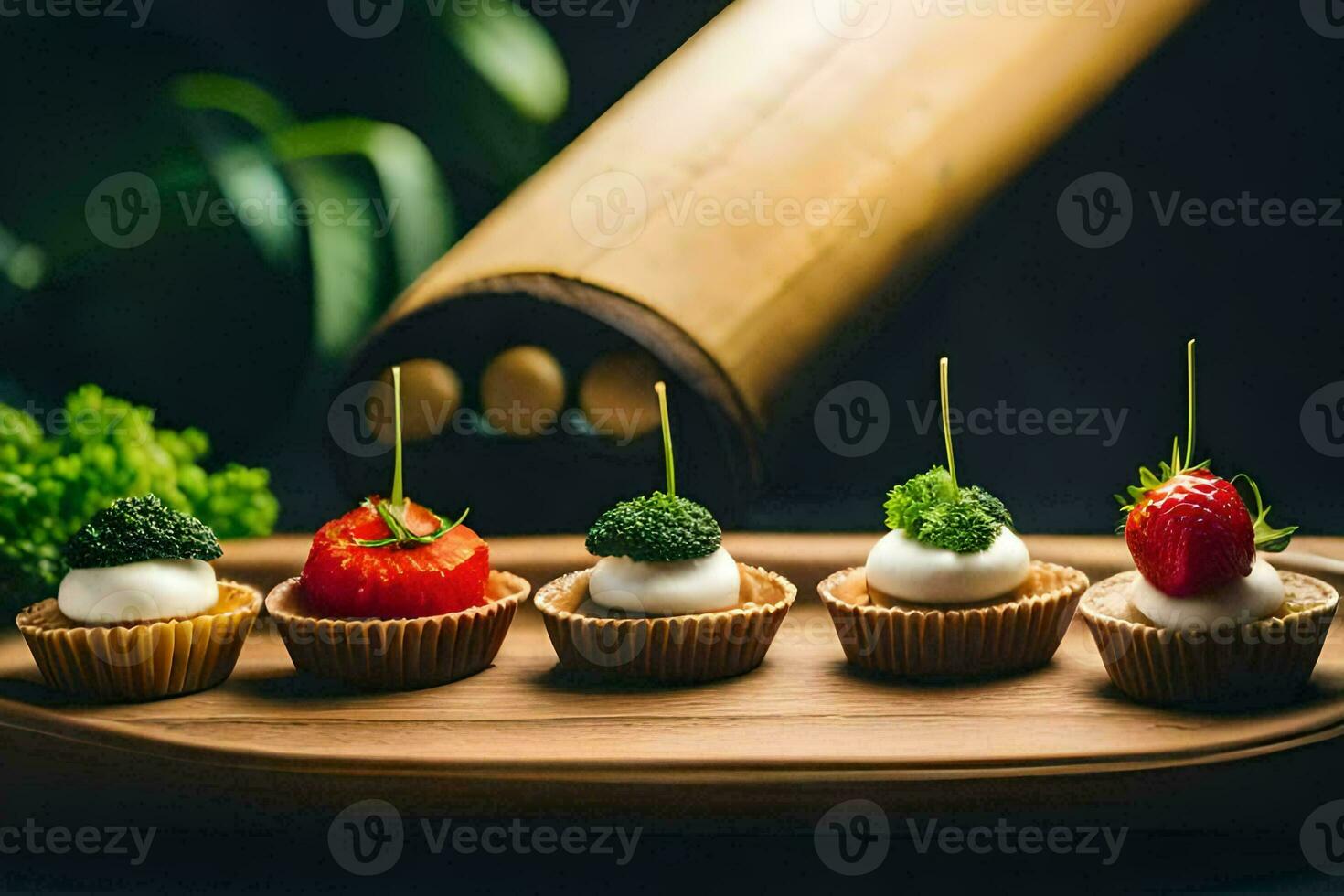 mini cupcakes met aardbeien en kaas Aan een houten dienblad. ai-gegenereerd foto