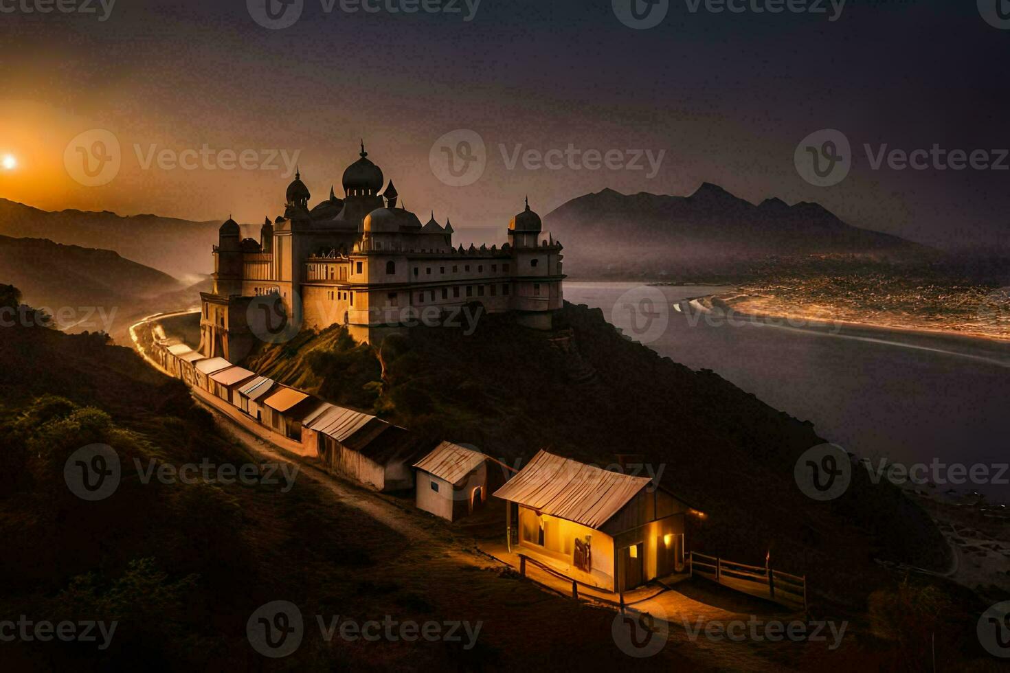 de zon sets over- een kasteel Aan de kant van een berg. ai-gegenereerd foto