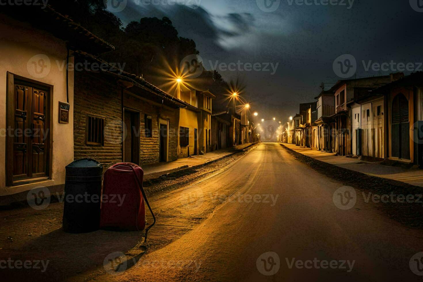 een straat Bij nacht met een uitschot kan en een licht. ai-gegenereerd foto