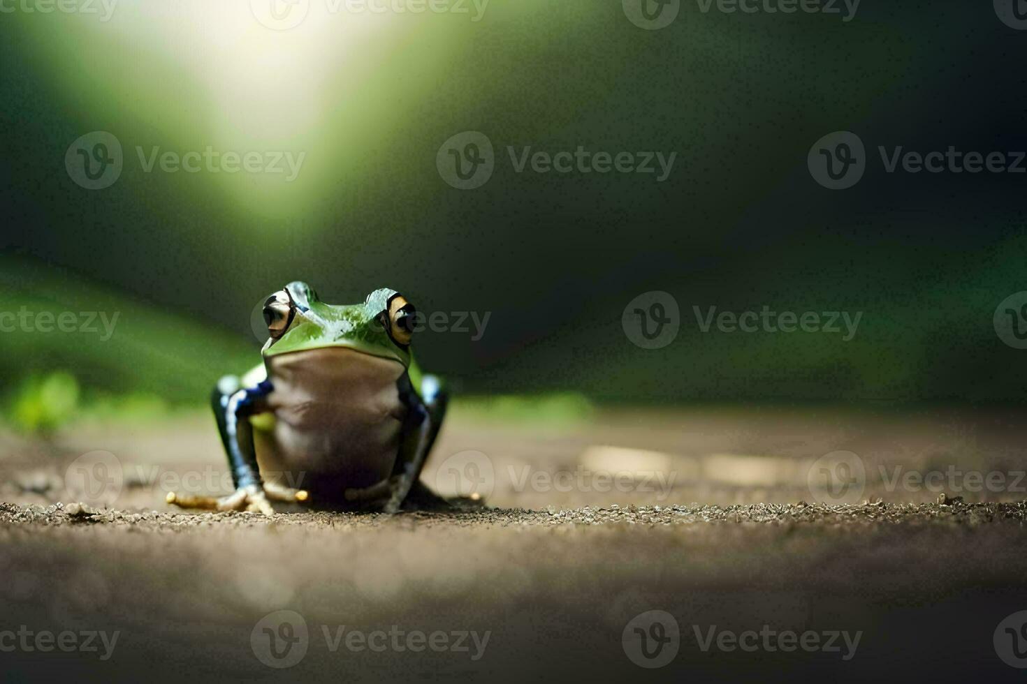 een kikker zittend Aan de grond in voorkant van een groen achtergrond. ai-gegenereerd foto