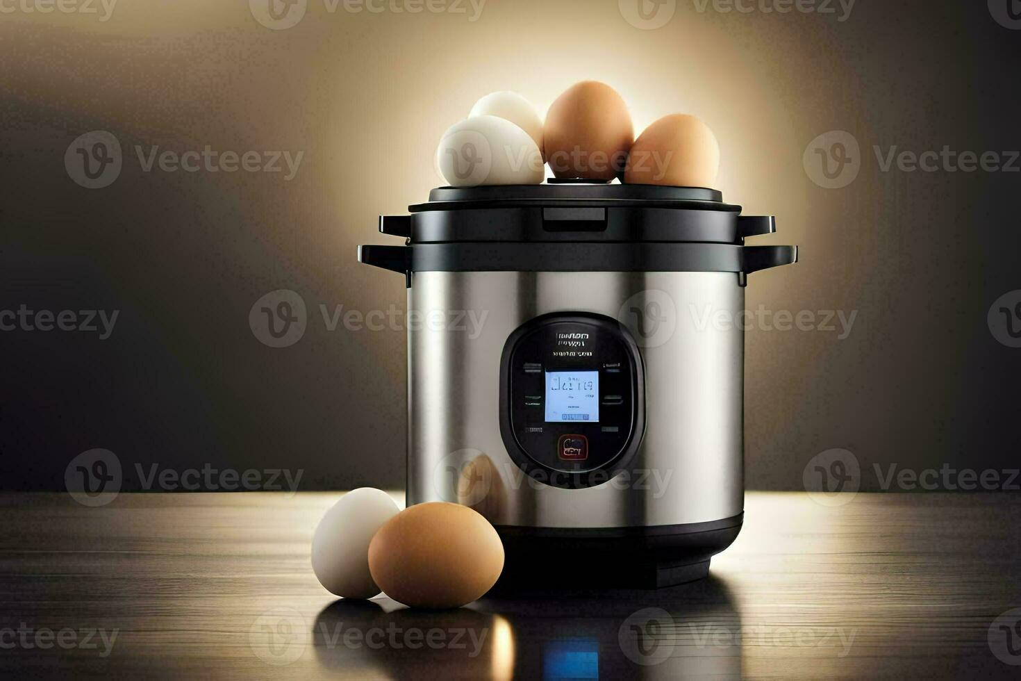 een groot elektrisch druk kookplaat met eieren in het. ai-gegenereerd foto