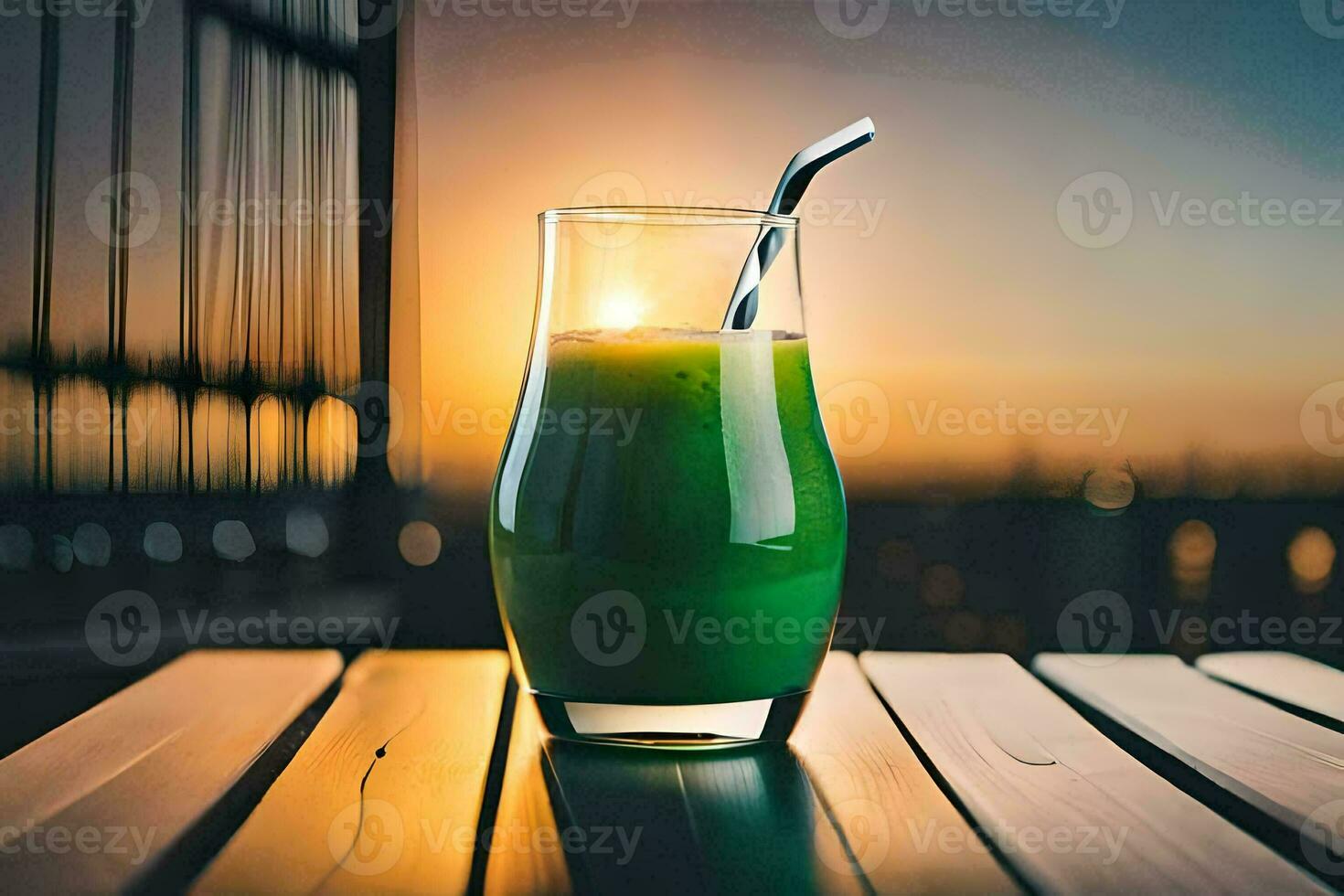 een glas van groen sap Aan een tafel in voorkant van een zonsondergang. ai-gegenereerd foto