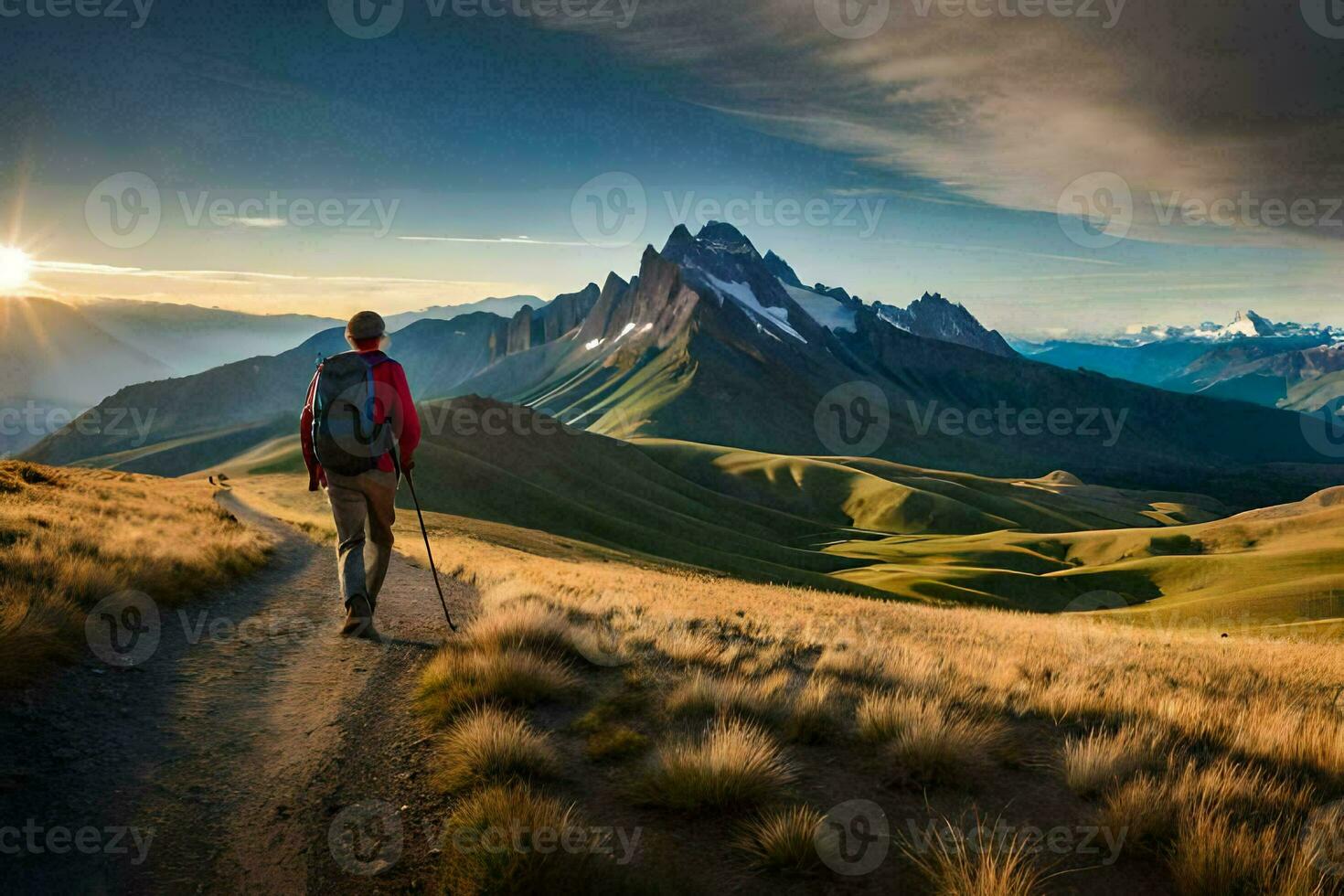 een Mens wandelingen Aan een pad in de bergen. ai-gegenereerd foto