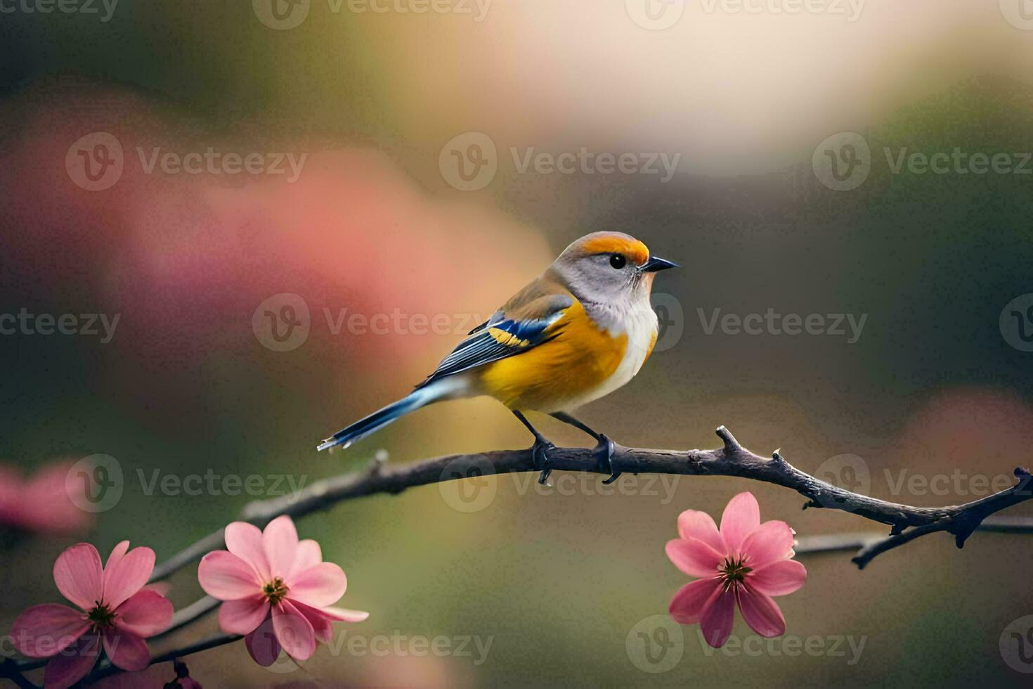 een vogel zit Aan een Afdeling met roze bloemen. ai-gegenereerd foto