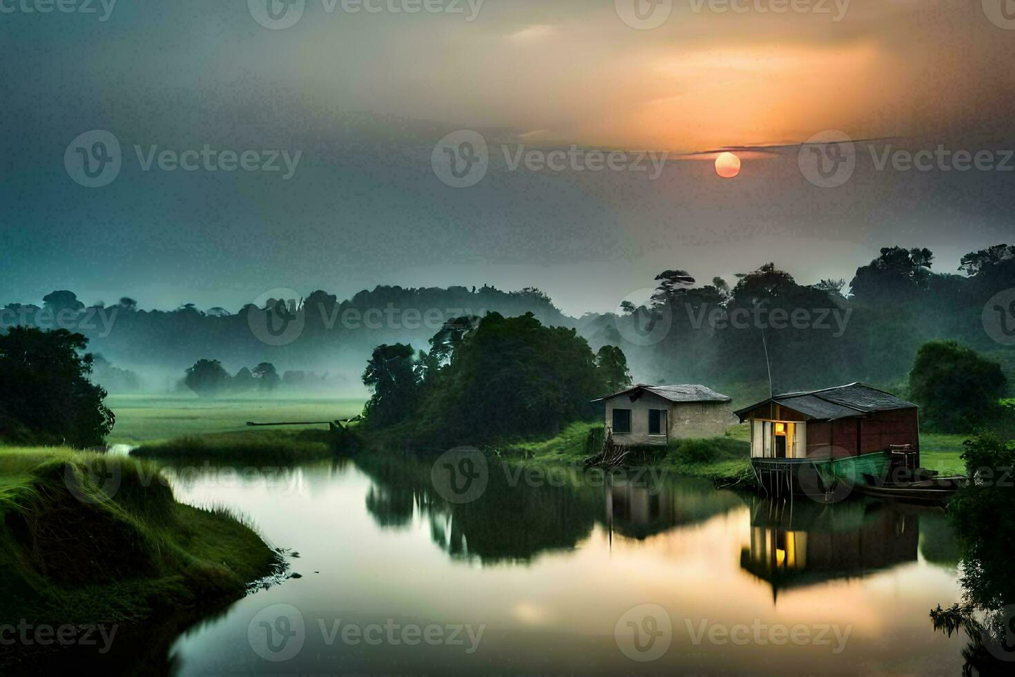 een klein huis zit Aan de rand van een rivier- Bij zonsondergang. ai-gegenereerd foto