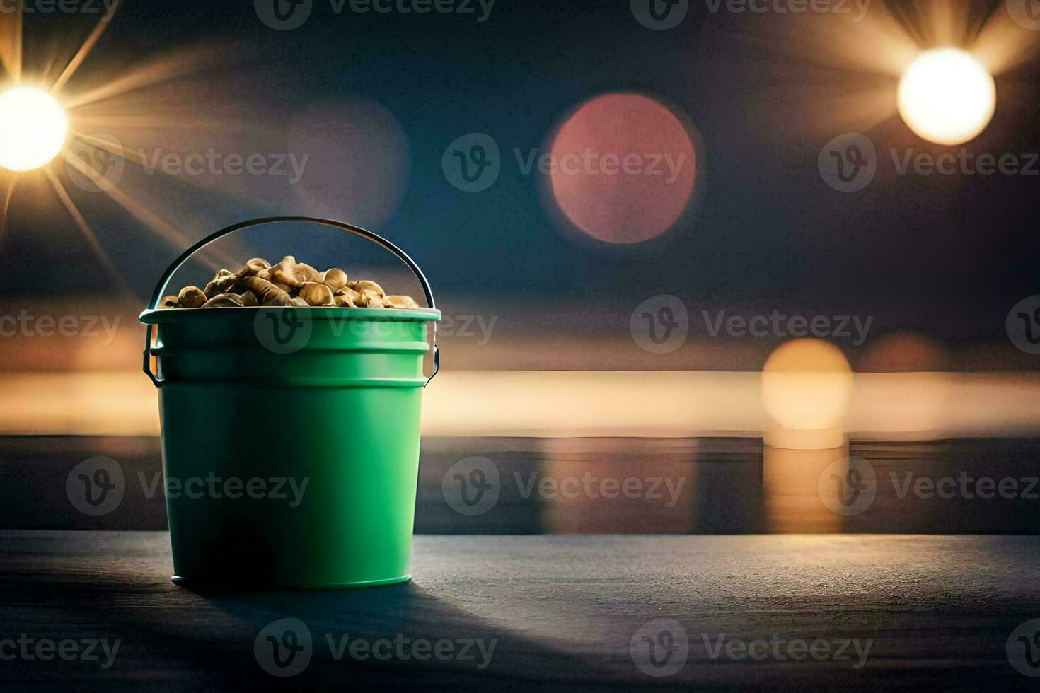 een emmer van popcorn Aan een tafel in voorkant van een wazig achtergrond. ai-gegenereerd foto