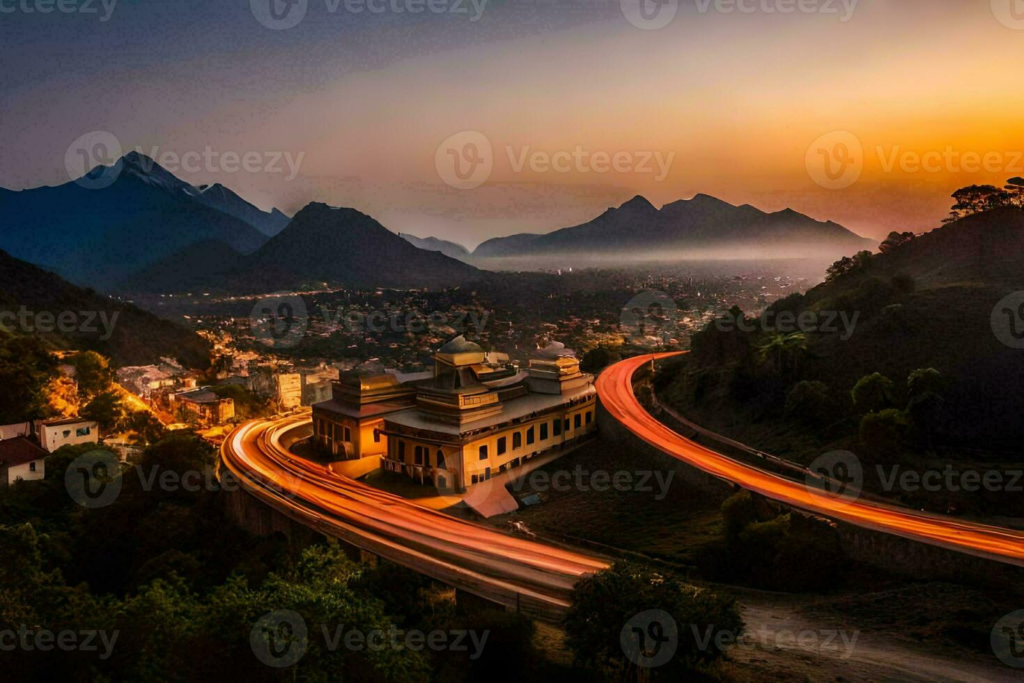 een zonsondergang over- een berg weg en een dorp. ai-gegenereerd foto