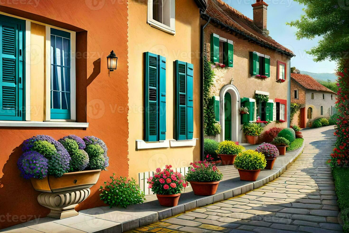 een schilderij van een straat met kleurrijk huizen. ai-gegenereerd foto