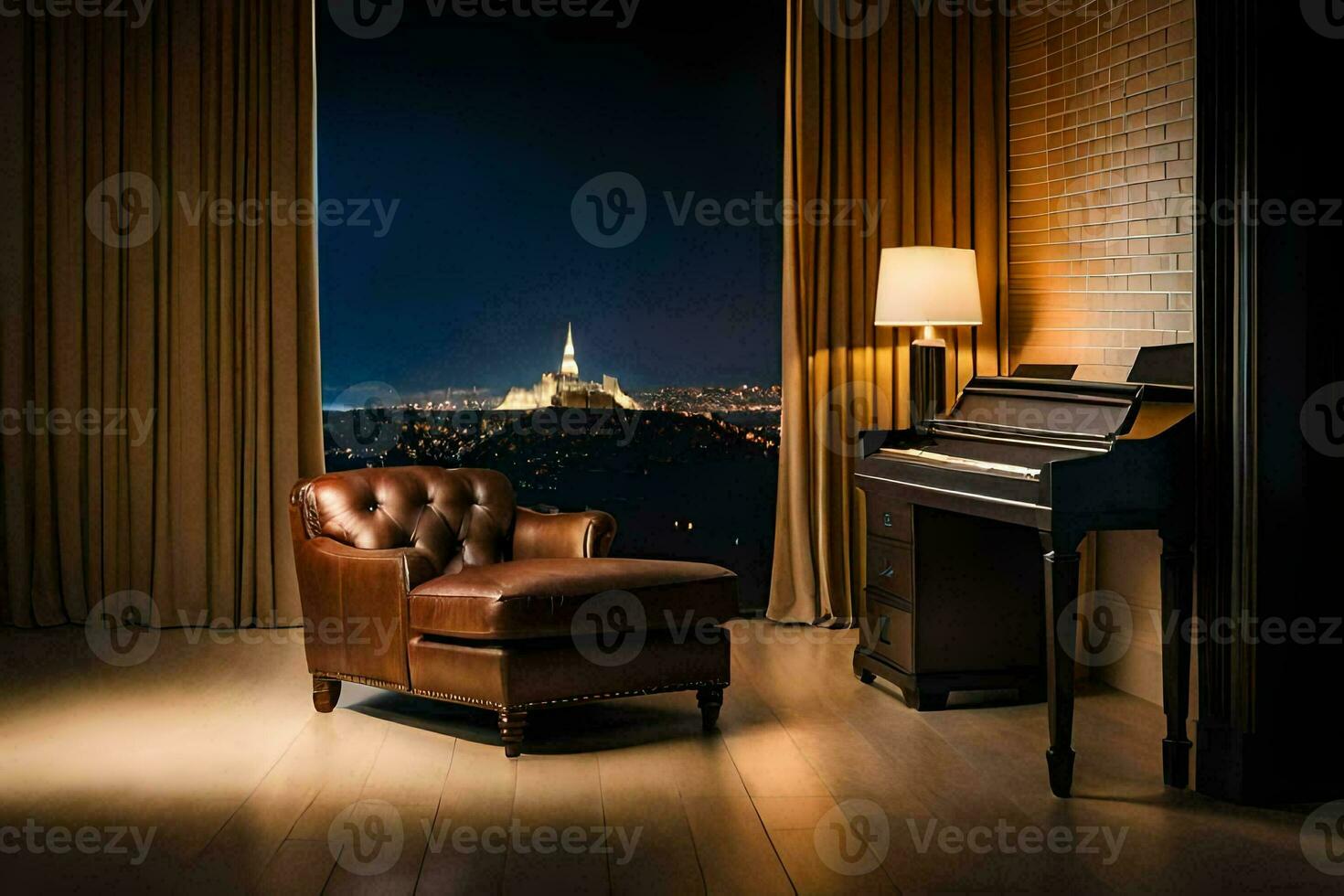 een piano en stoel in voorkant van een venster met een visie van de stad. ai-gegenereerd foto