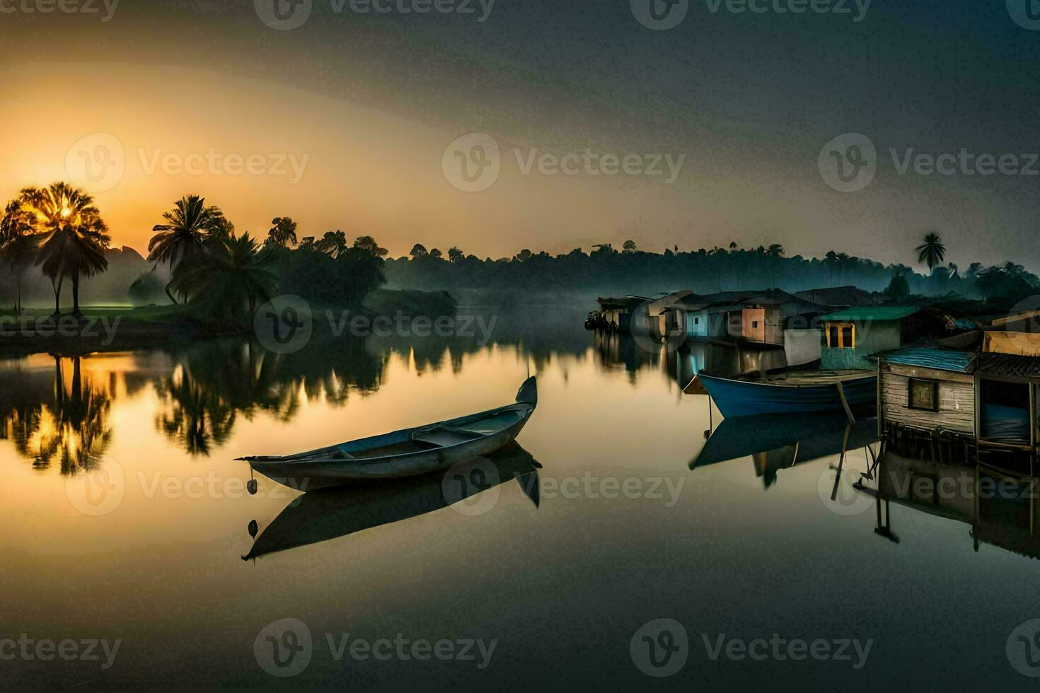 boten zijn aangemeerd in de water Bij zonsondergang. ai-gegenereerd foto