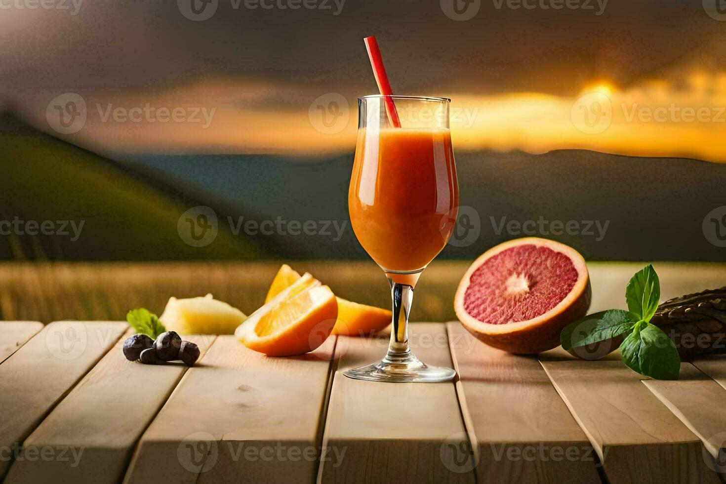 oranje sap in een glas Aan een houten tafel. ai-gegenereerd foto