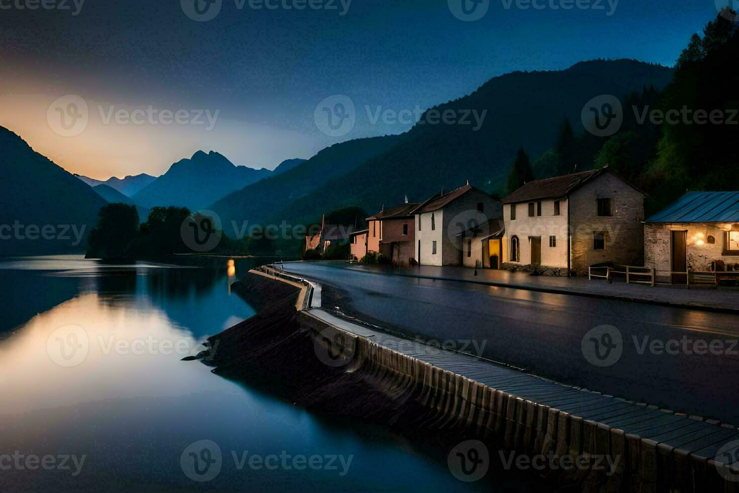 foto behang de lucht, bergen, meer, huis, de weg, de weg, de weg. ai-gegenereerd