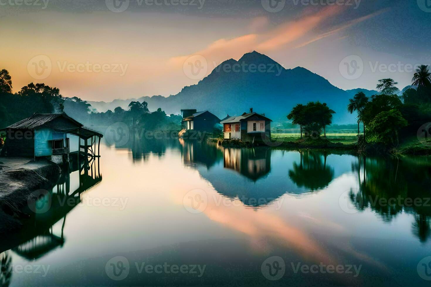 een rivier- met huizen en bergen in de achtergrond. ai-gegenereerd foto