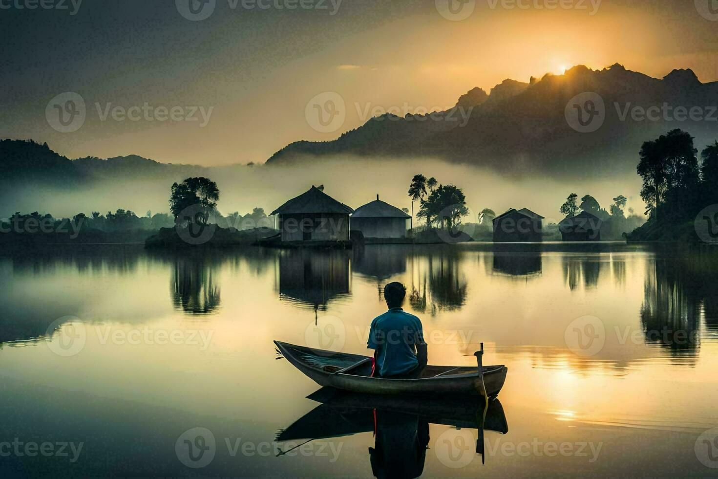 een Mens in een boot Aan een meer Bij zonsopkomst. ai-gegenereerd foto