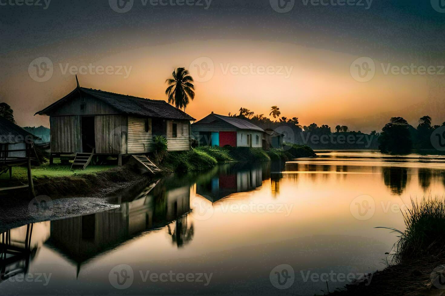 een rivier- met huizen en palm bomen Bij zonsondergang. ai-gegenereerd foto