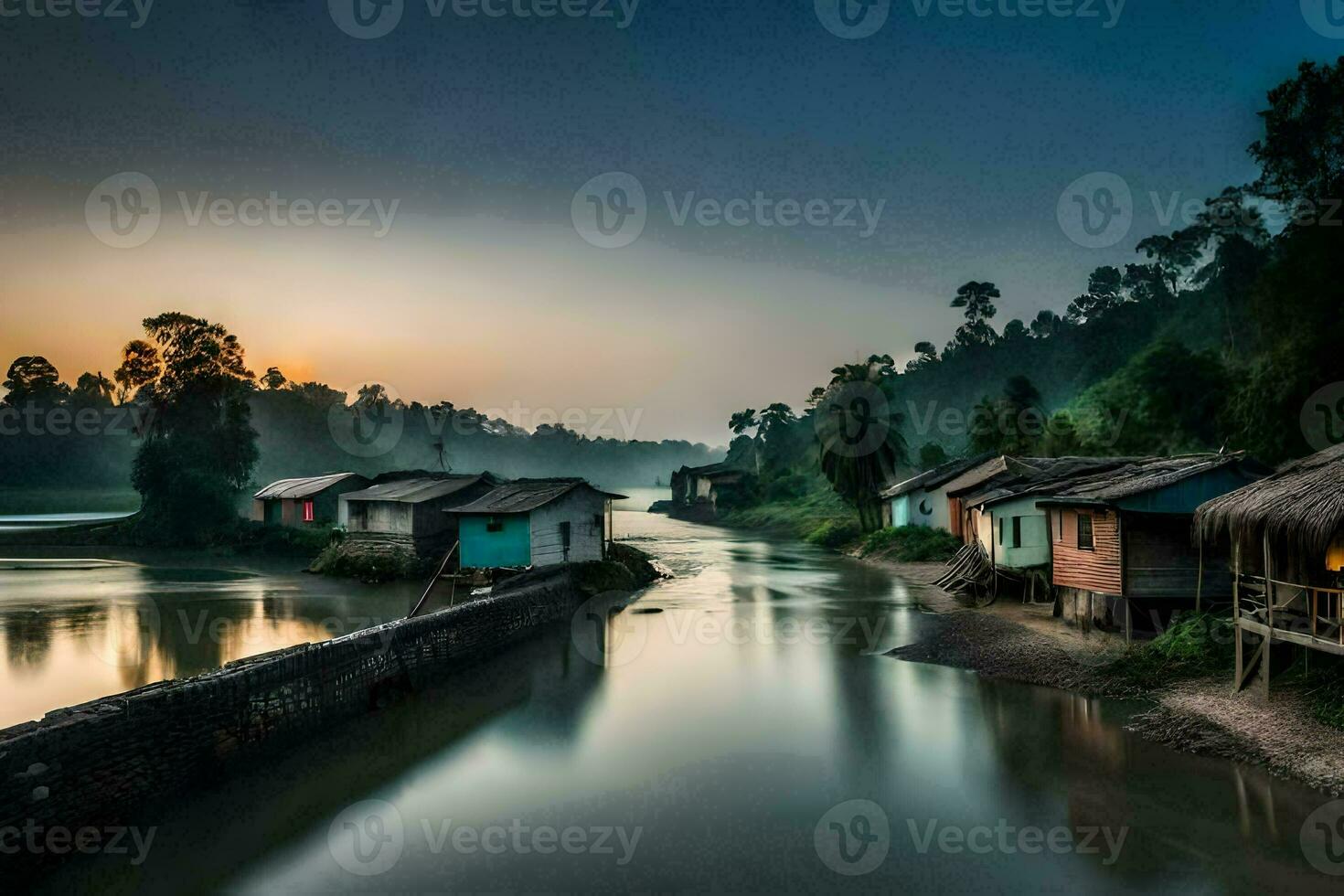 een rivier- in de ochtend- met huizen langs de bank. ai-gegenereerd foto