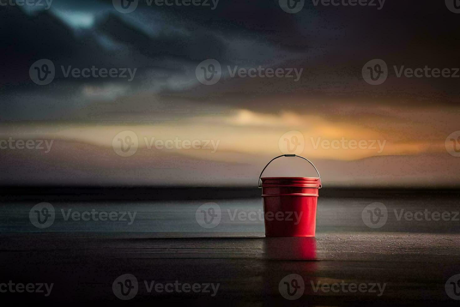 een rood emmer zit Aan de strand Bij zonsondergang. ai-gegenereerd foto