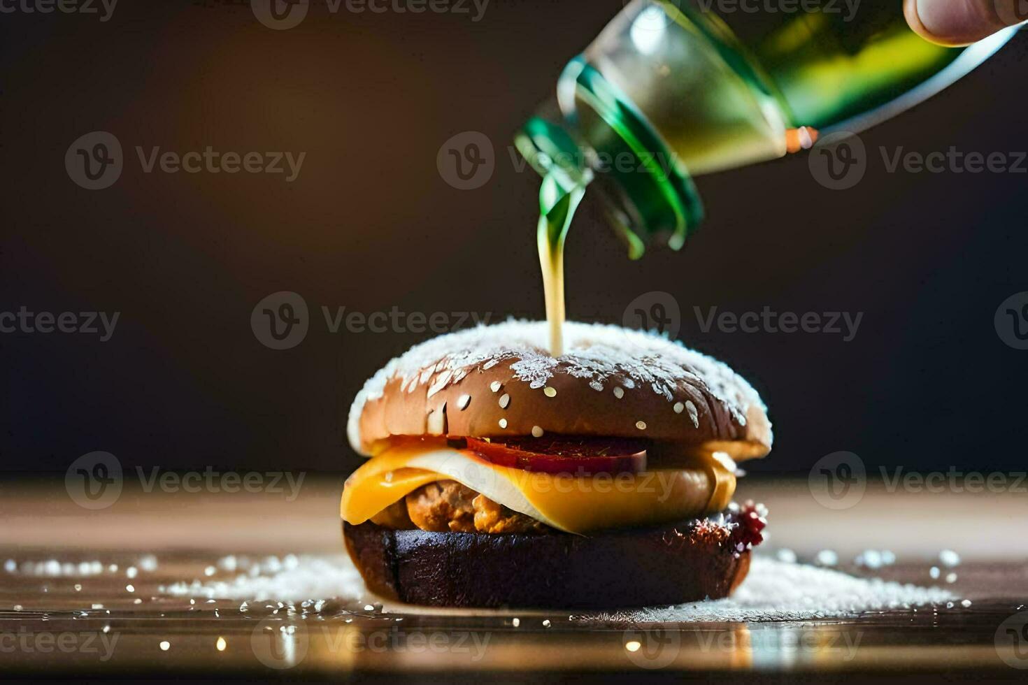 een persoon gieten een saus over- een hamburger. ai-gegenereerd foto