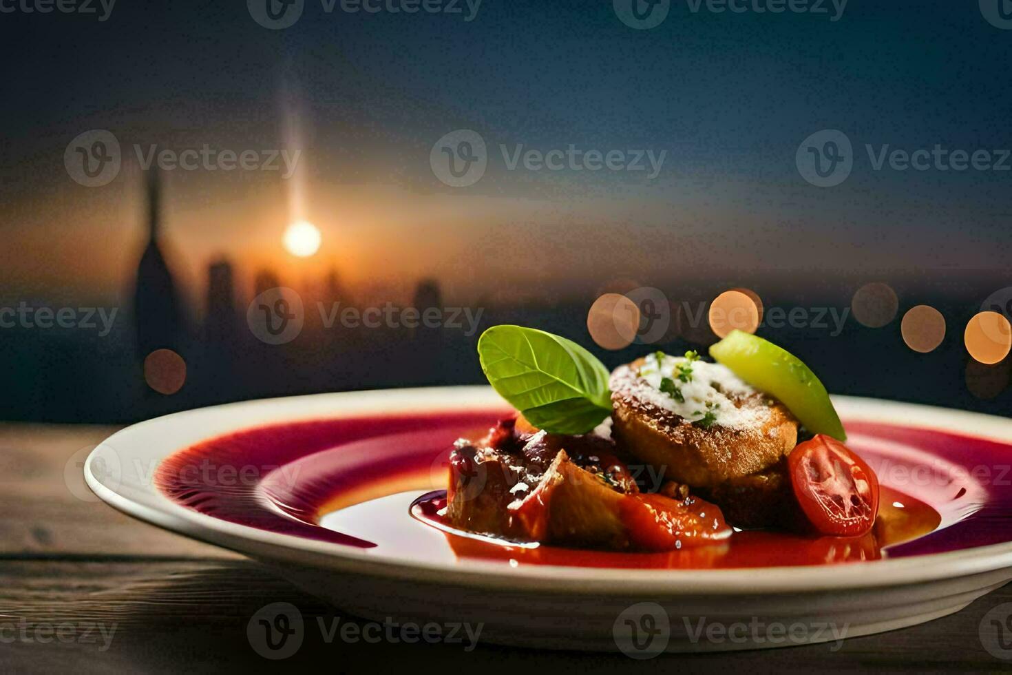 een bord van voedsel met een visie van de stad. ai-gegenereerd foto