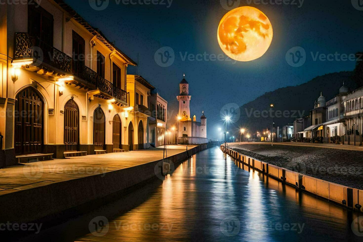 een vol maan stijgt over- een kanaal in een dorp. ai-gegenereerd foto