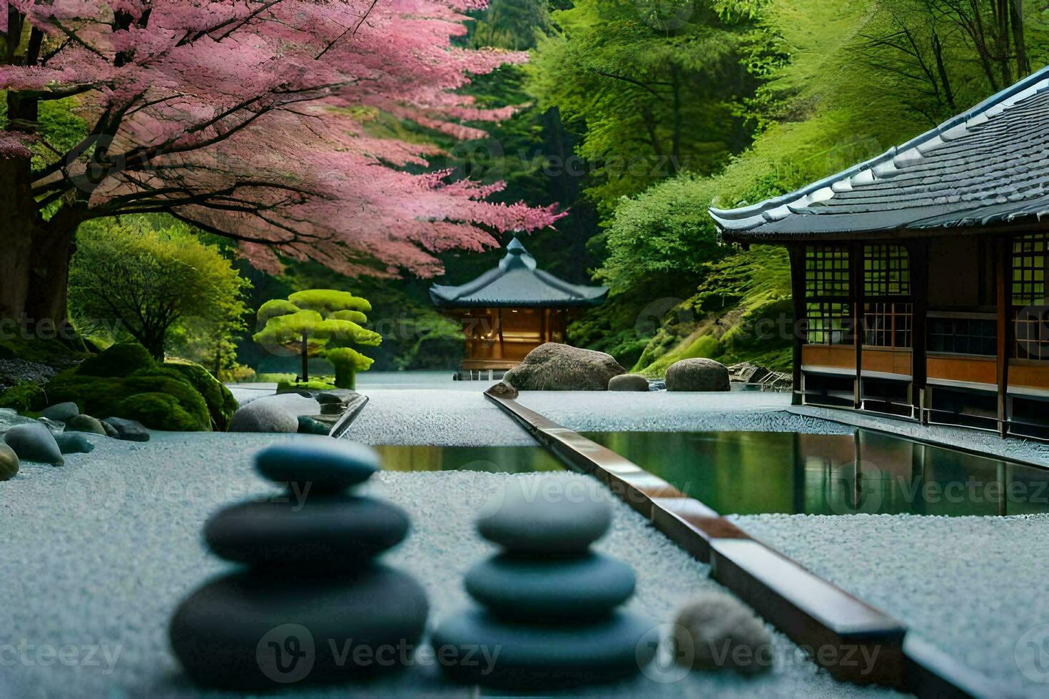 een Japans tuin met een vijver en rotsen. ai-gegenereerd foto