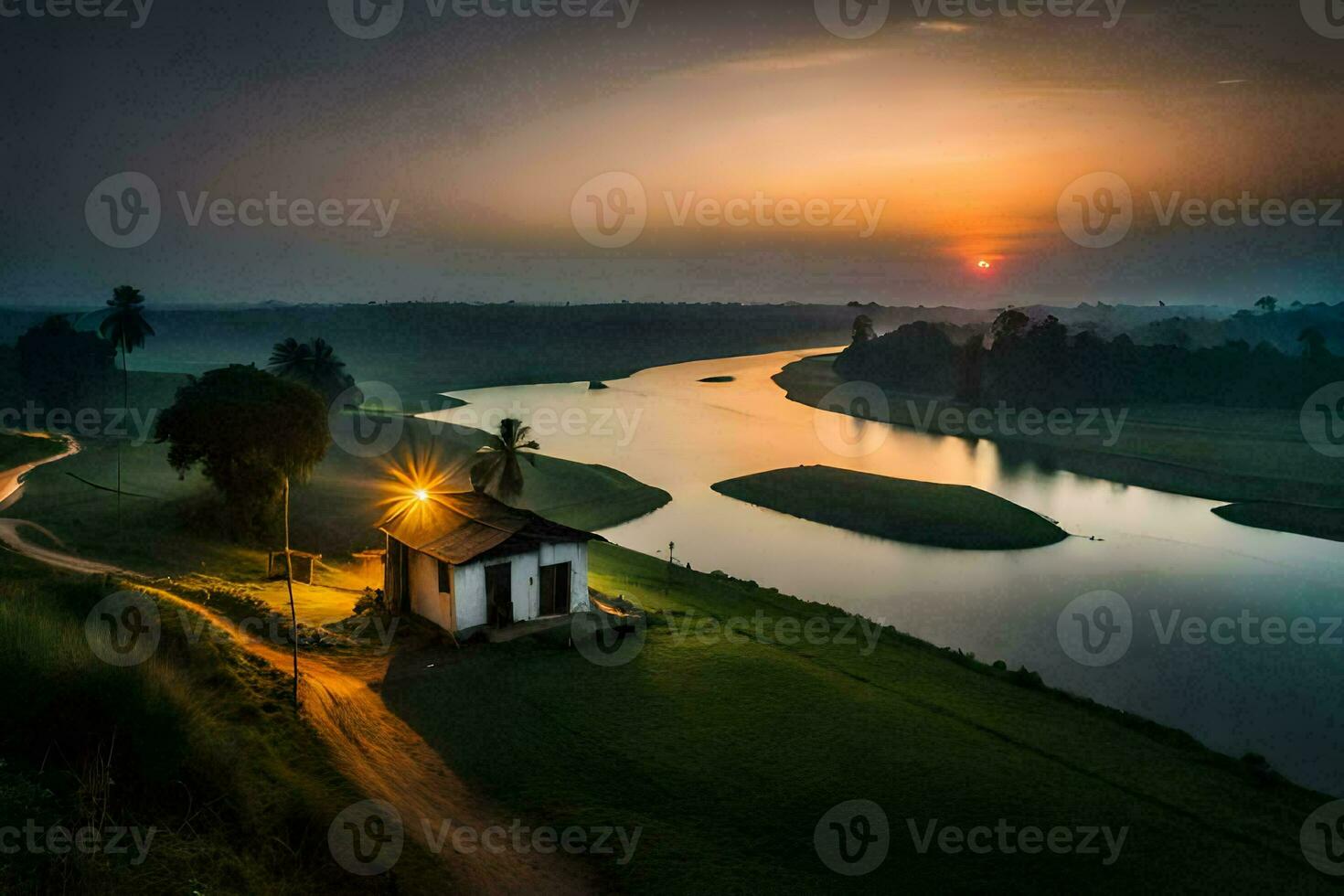 een klein huis zit Aan de rand van een rivier- Bij zonsondergang. ai-gegenereerd foto
