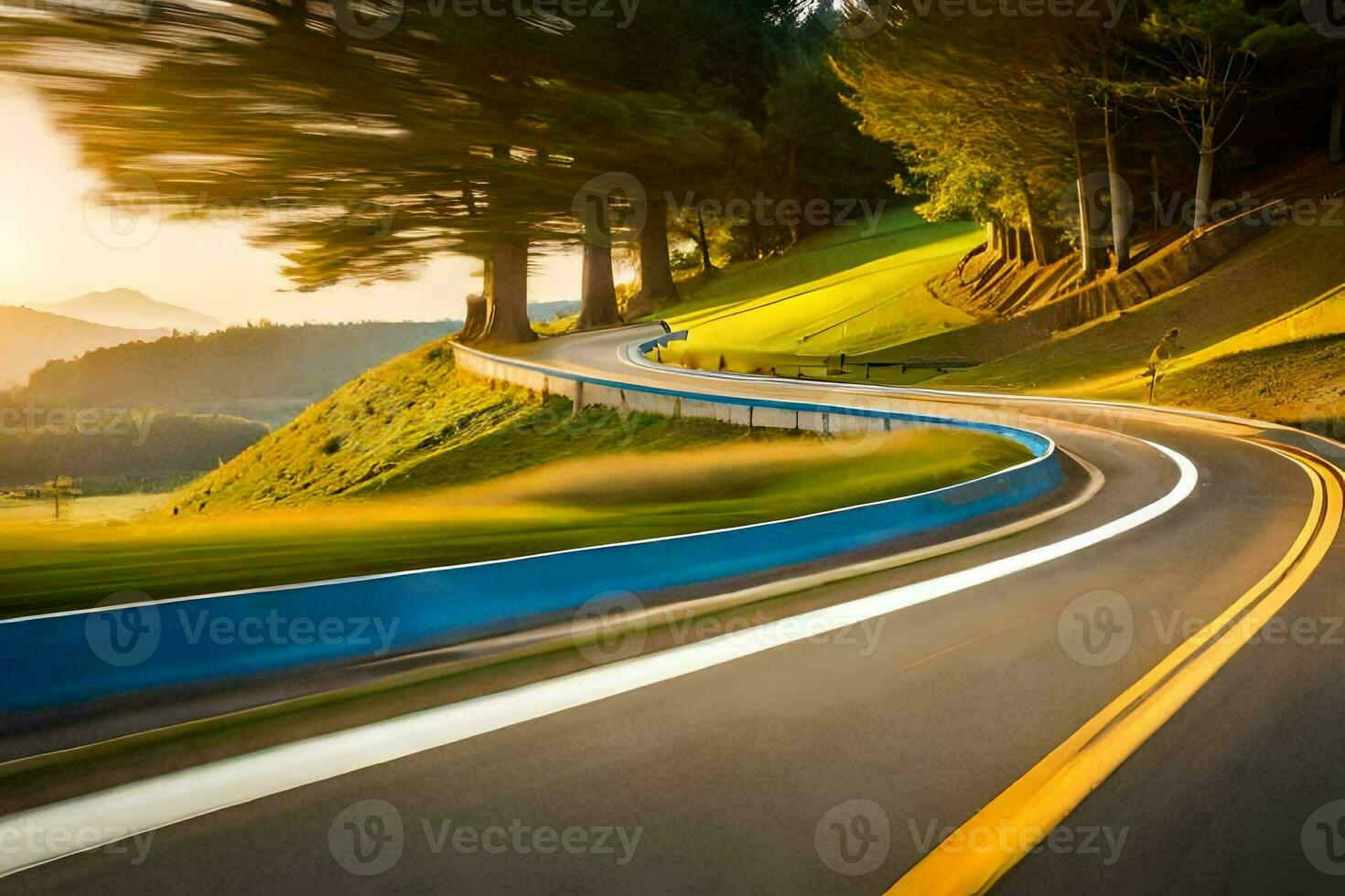 een kronkelend weg met bomen en gras. ai-gegenereerd foto