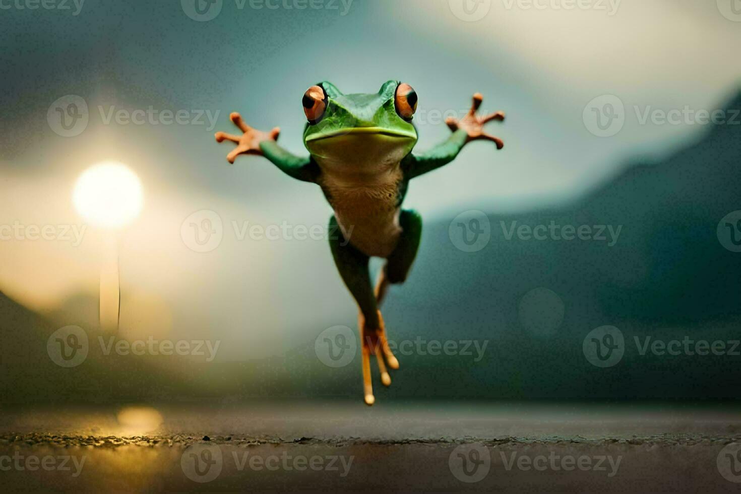 een kikker jumping in de lucht met haar poten verspreiding. ai-gegenereerd foto