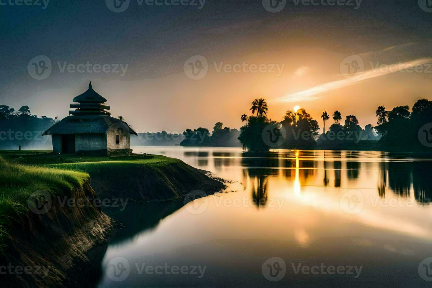 de zon stijgt over- een klein hut Aan de bank van een rivier. ai-gegenereerd foto