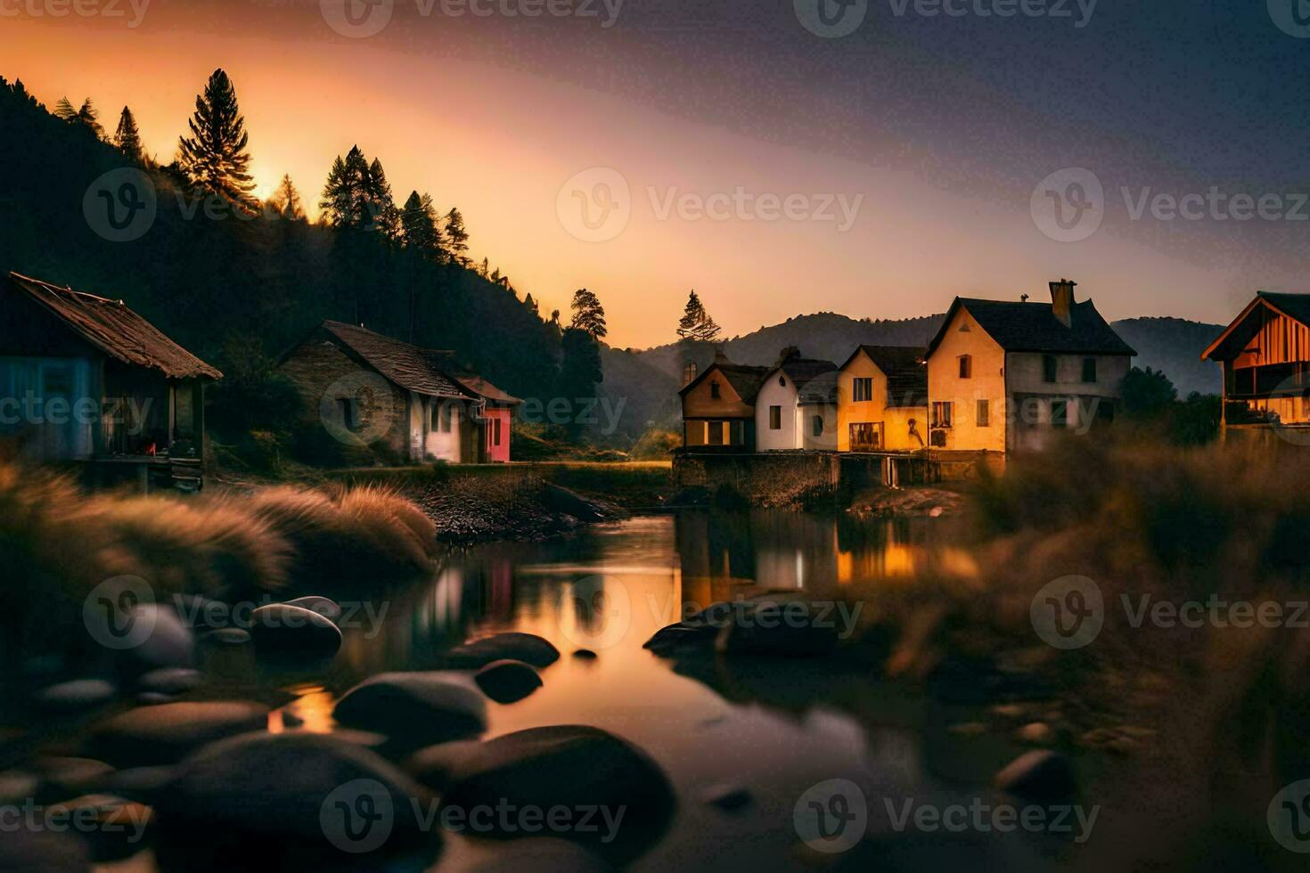 foto behang de lucht, water, bergen, rivier, huizen, zonsondergang, zonsondergang, de bergen. ai-gegenereerd