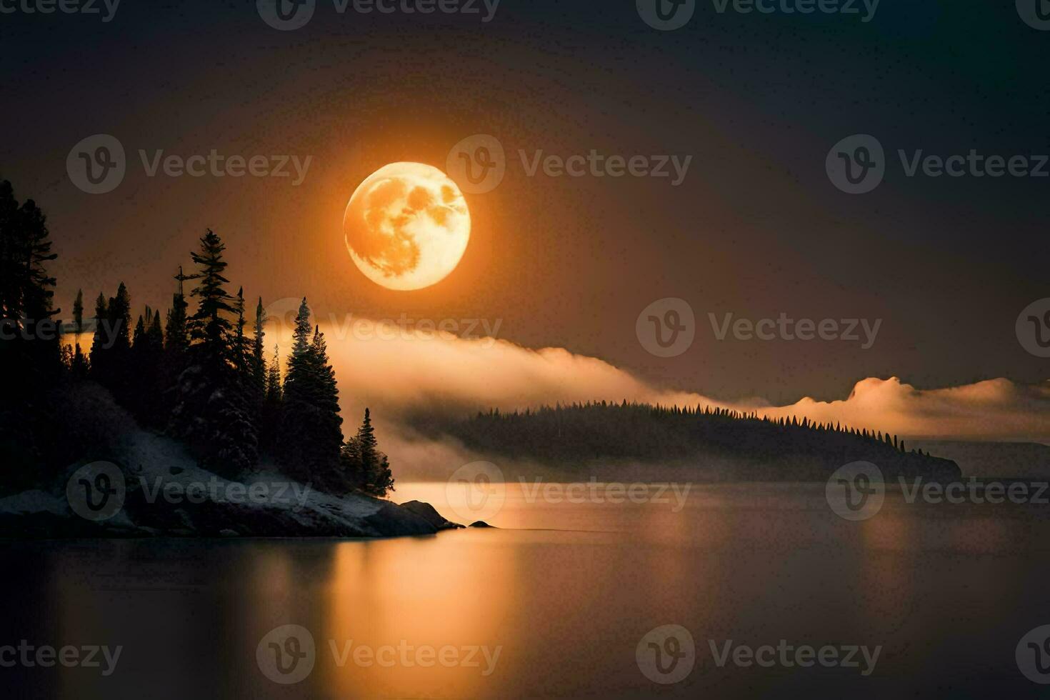 een vol maan is gezien over- een meer met bomen. ai-gegenereerd foto