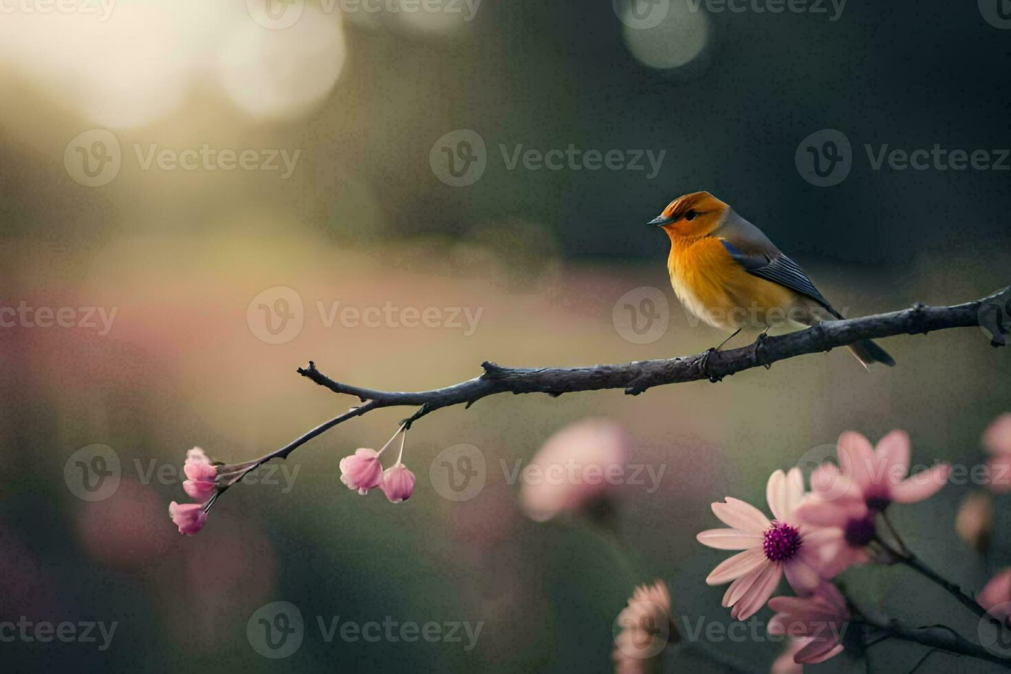 foto behang vogel, bloemen, lente, de zon, de vogel, de vogel, de vogel. ai-gegenereerd