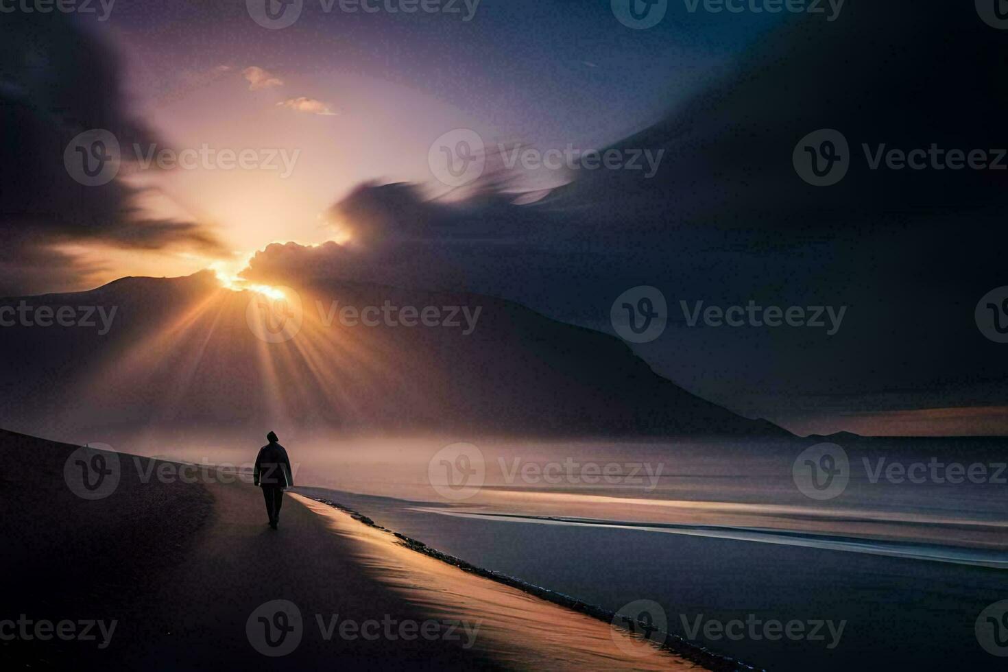 een Mens wandelingen langs de strand Bij zonsondergang. ai-gegenereerd foto