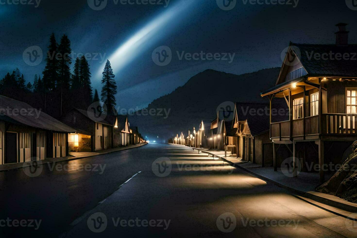 een straat Bij nacht met lichten schijnend Aan het. ai-gegenereerd foto