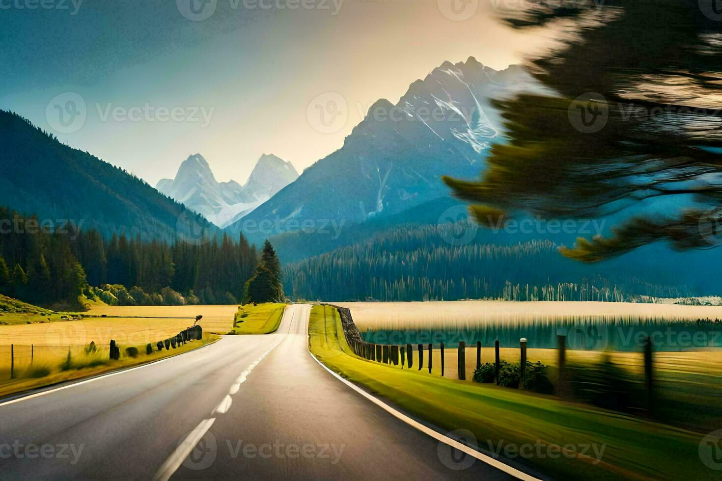 een weg in de bergen met bomen en bergen in de achtergrond. ai-gegenereerd foto