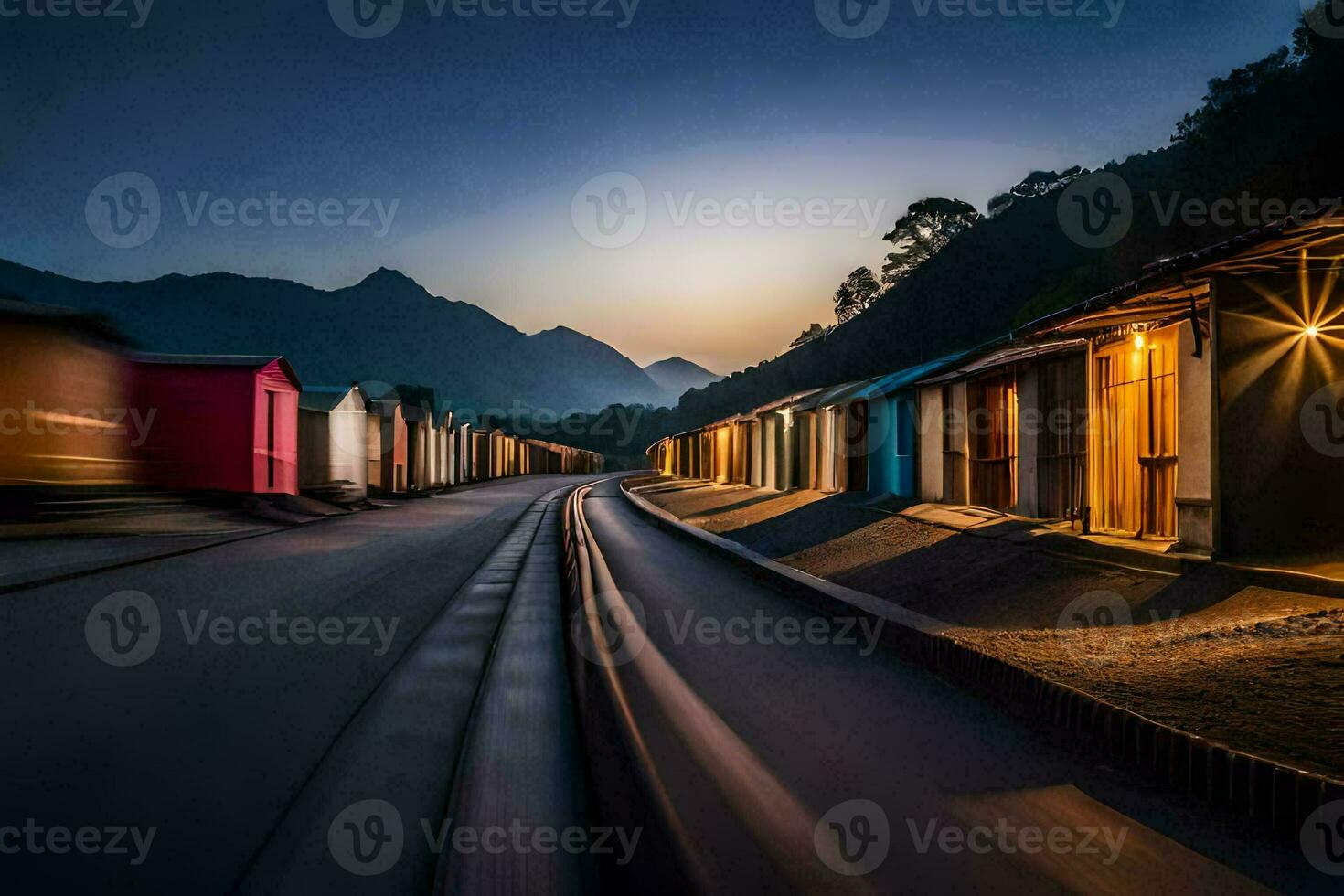 een lang blootstelling fotograaf van een trein voorbijgaan door een rij van kleurrijk hutten. ai-gegenereerd foto