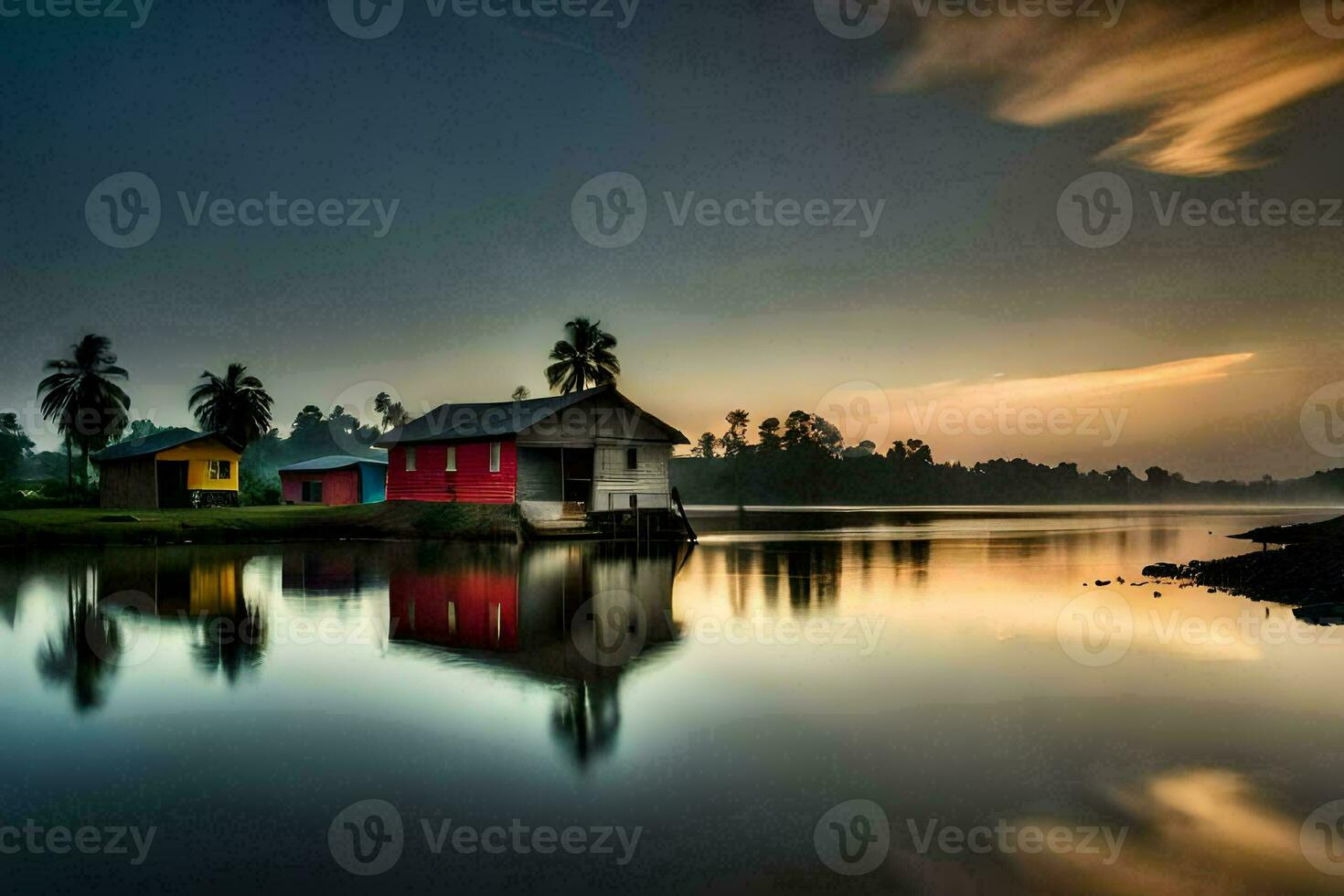 een kleurrijk huis zit Aan de kust van een meer. ai-gegenereerd foto