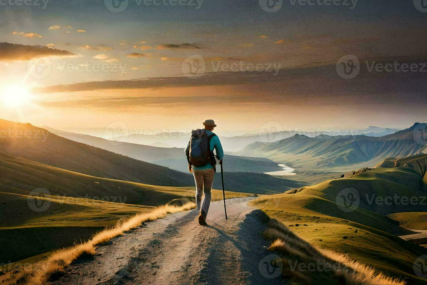 een persoon met een rugzak wandelen Aan een aarde weg in de bergen. ai-gegenereerd foto