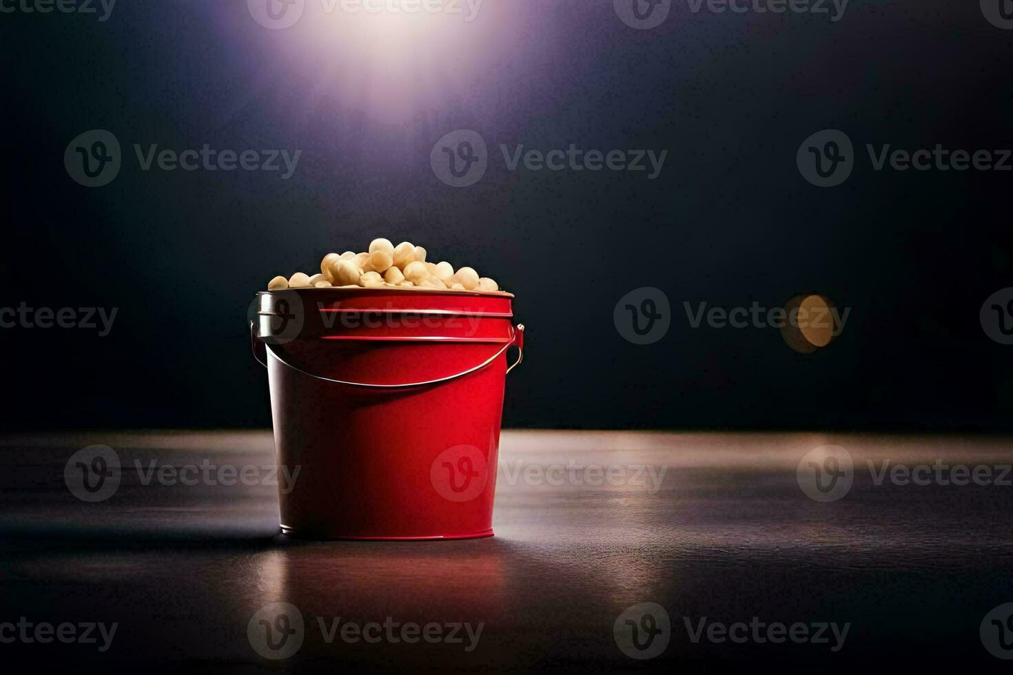 een rood emmer gevulde met popcorn Aan een donker vloer. ai-gegenereerd foto