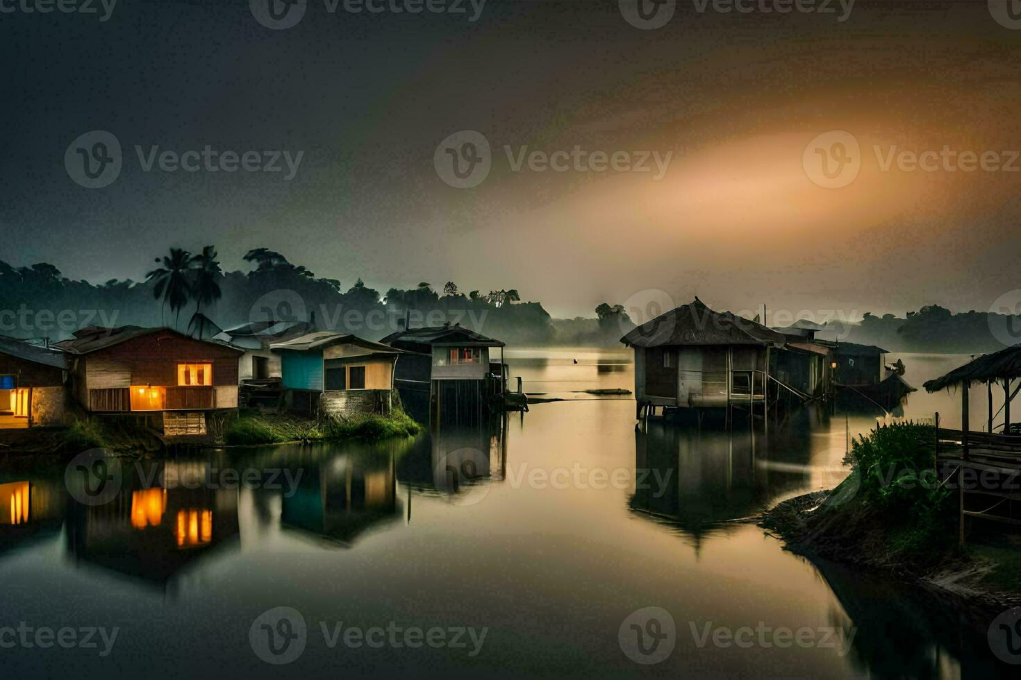 huizen Aan de water Bij zonsopkomst. ai-gegenereerd foto