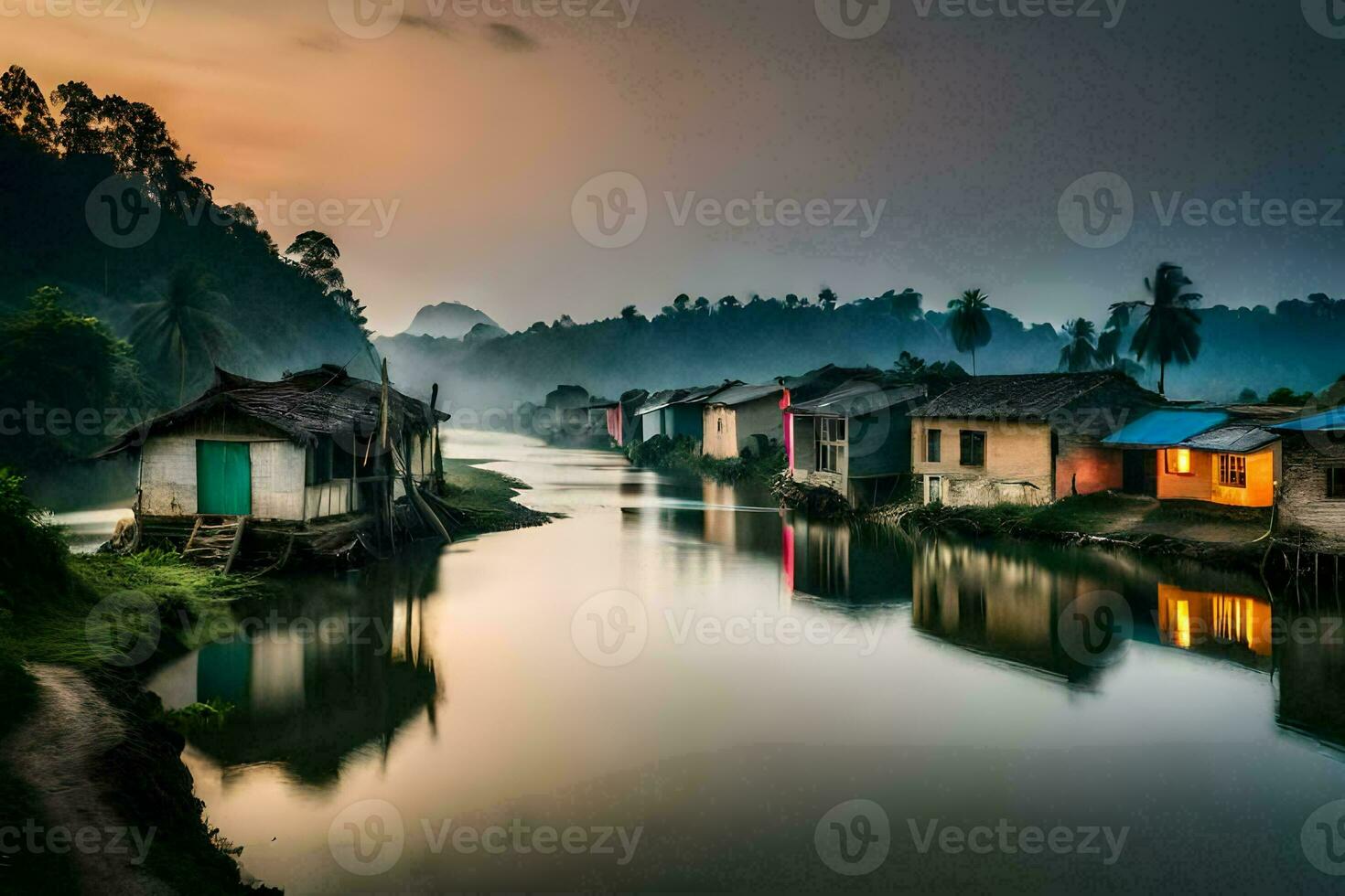 een rivier- in de midden- van een dorp met huizen Aan of kant. ai-gegenereerd foto