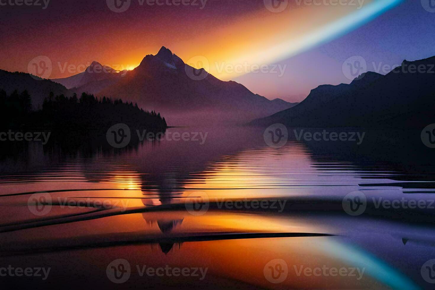 een regenboog is weerspiegeld in de water van een meer. ai-gegenereerd foto