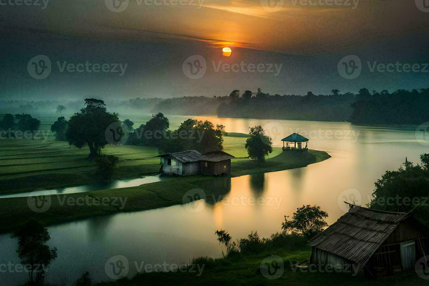 een mooi zonsopkomst over- een rivier- en klein huizen. ai-gegenereerd foto